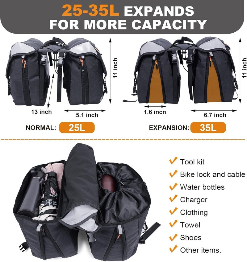 NDakter Bike Panniers, 35L Waterproof Panniers Bike Saddle Bags for Rear Rack, Expandable Double Bicycle Trunk Bag with Reflective Strips,E-bike Accessories for Commute and Mountain Cycling Travel - Image 2