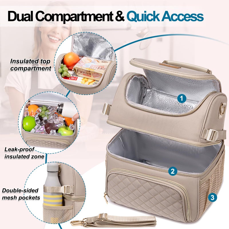Romenrita Lunch Bags for Women,Dual Compartment Lunch Box Lunch Bag for Work,Leakproof Lunch Cooler Large Insulated Lunchbox for Adult for Women Men, Lunchbag for Picnic Beach (Khaki) - Image 2