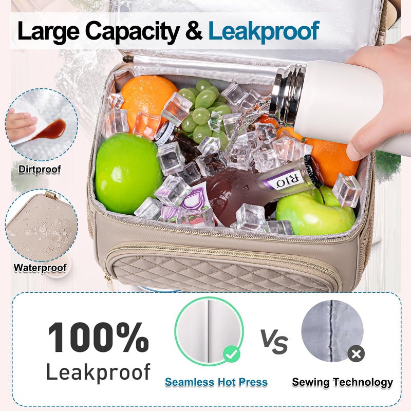 Romenrita Lunch Bags for Women,Dual Compartment Lunch Box Lunch Bag for Work,Leakproof Lunch Cooler Large Insulated Lunchbox for Adult for Women Men, Lunchbag for Picnic Beach (Khaki) - Image 5