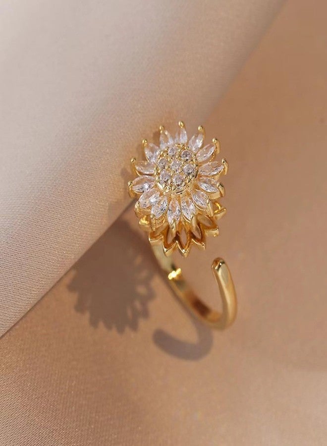 KONPJE Fidget Ring Sunflower Ring for Women Gold Anxiety Crystal Rings Cubic Zirconia Sunflower Spinning Ring Open Adjustable Fidget Sun Rings for Men Trendy Jewelry - Image 4