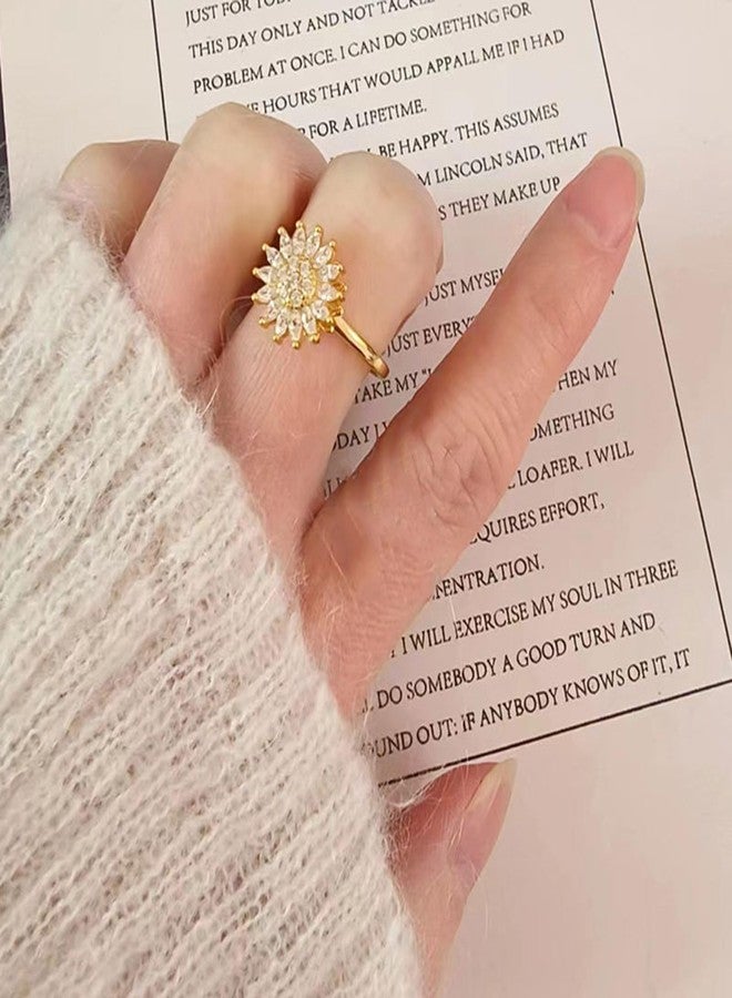 KONPJE Fidget Ring Sunflower Ring for Women Gold Anxiety Crystal Rings Cubic Zirconia Sunflower Spinning Ring Open Adjustable Fidget Sun Rings for Men Trendy Jewelry - Image 2