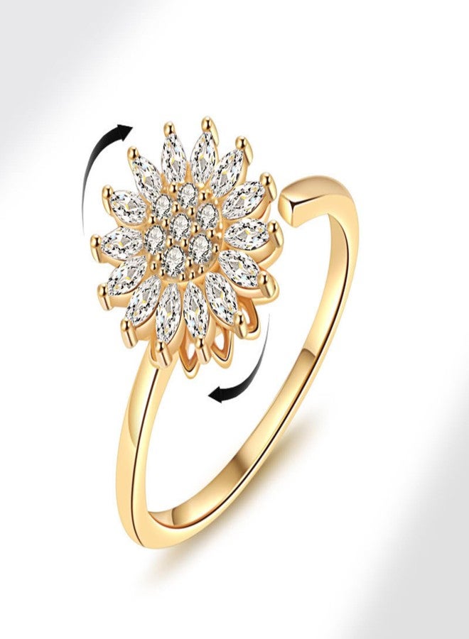 KONPJE Fidget Ring Sunflower Ring for Women Gold Anxiety Crystal Rings Cubic Zirconia Sunflower Spinning Ring Open Adjustable Fidget Sun Rings for Men Trendy Jewelry - Image 5