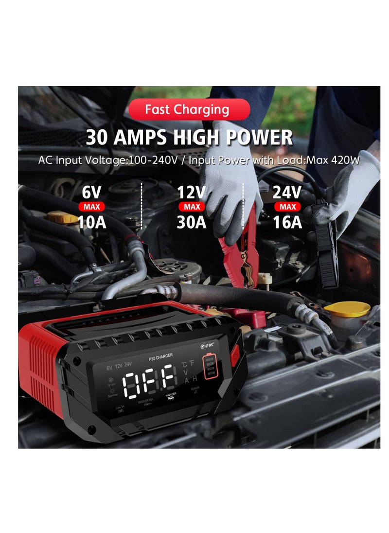 Generic - Car Battery Charger, 6V/12V/24V Smart Automatic Automotive Charger, Portable Car Battery Charger, Battery Maintainer, Trickle Charger, for Car, Motorcycle, Boat, Lead-Acid, Lithium, LiFePo4 Battery - Image 1