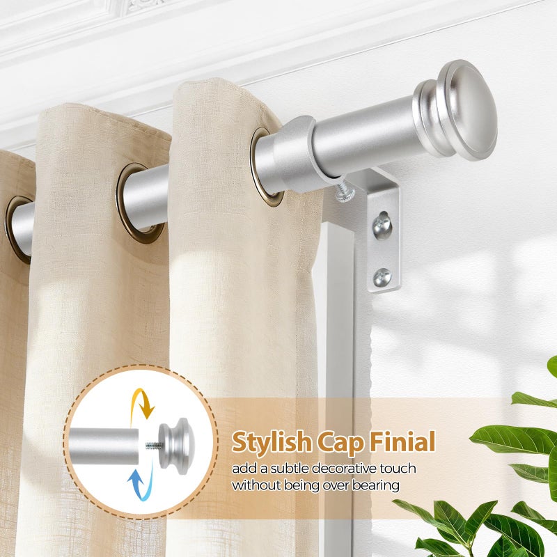 TONIAL Curtain Rod 32 to 58 Inch(2.6-4.8ft), Telescoping Splicing 3/4 Drapery Rods for Windows 20 yo 54 Inches, Decorative Single Rod with Small Cap Finial, Silver - Image 2