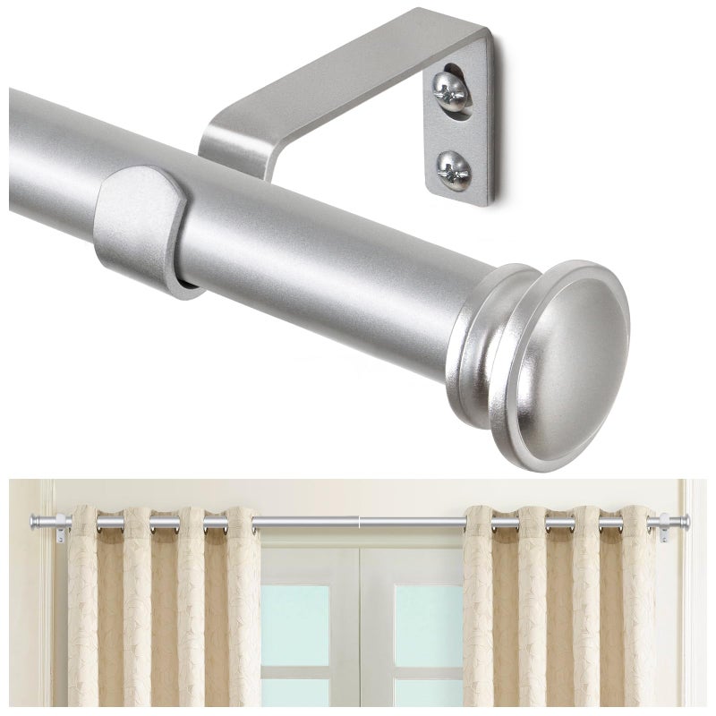 TONIAL Curtain Rod 32 to 58 Inch(2.6-4.8ft), Telescoping Splicing 3/4 Drapery Rods for Windows 20 yo 54 Inches, Decorative Single Rod with Small Cap Finial, Silver - Image 1