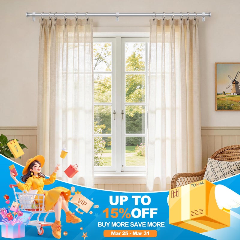 TONIAL Curtain Rod 32 to 58 Inch(2.6-4.8ft), Telescoping Splicing 3/4 Drapery Rods for Windows 20 yo 54 Inches, Decorative Single Rod with Small Cap Finial, Silver - Image 3