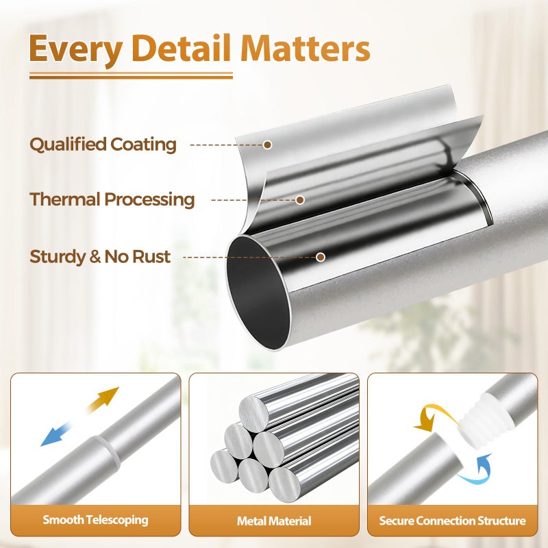 TONIAL Curtain Rod 32 to 58 Inch(2.6-4.8ft), Telescoping Splicing 3/4 Drapery Rods for Windows 20 yo 54 Inches, Decorative Single Rod with Small Cap Finial, Silver - Image 4