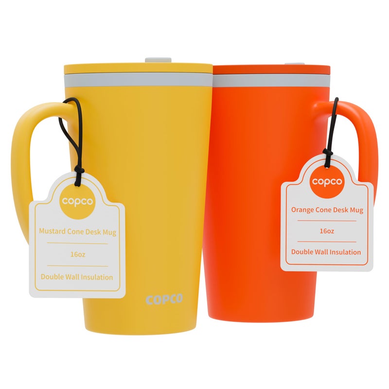 Copco Cone Desk Mug, 16 oz (Set of 2) - Double Wall Insulated Mugs with Handle, Reusable Tumbler Set with Twist-Off Spill Resistant Lid, BPA-Free, Microwave & Dishwasher Safe (Orange/Mustard) - Image 1