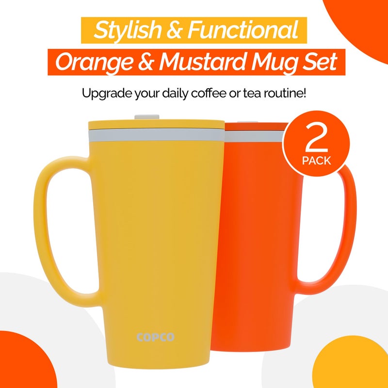 Copco Cone Desk Mug, 16 oz (Set of 2) - Double Wall Insulated Mugs with Handle, Reusable Tumbler Set with Twist-Off Spill Resistant Lid, BPA-Free, Microwave & Dishwasher Safe (Orange/Mustard) - Image 2