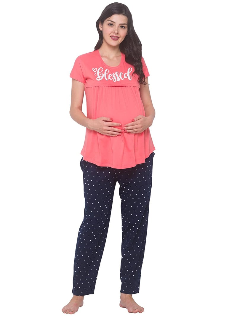 AV2 Store Women Cotton Printed Maternity & Feeding Top & Pajama Set 2239 - Image 1