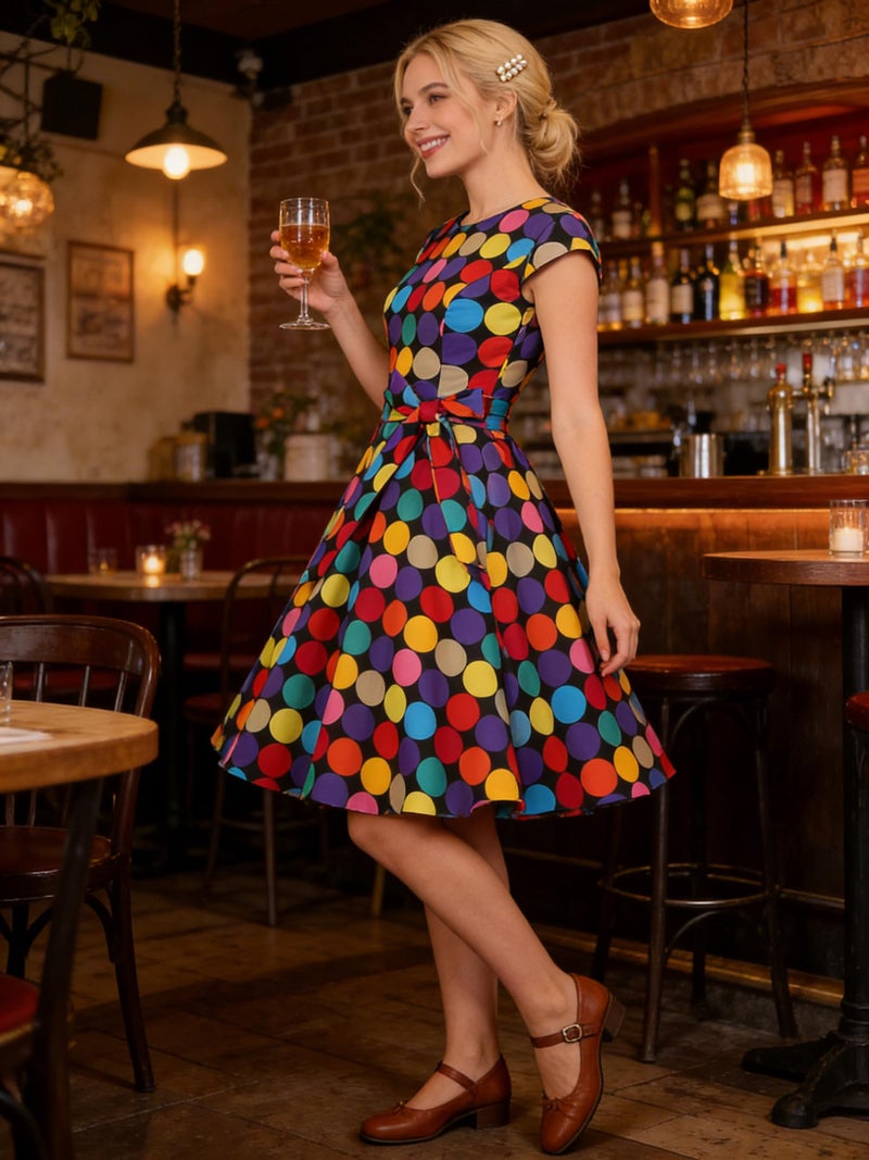 PUKAVT Women's 1950 Boatneck Cap Sleeve Vintage Swing Cocktail Party Dress with Pockets Black ColorfulDot XL - Image 2