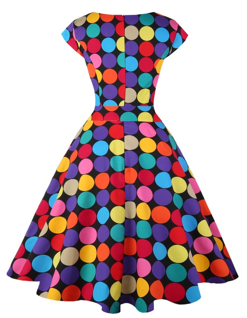 PUKAVT Women's 1950 Boatneck Cap Sleeve Vintage Swing Cocktail Party Dress with Pockets Black ColorfulDot XL - Image 5