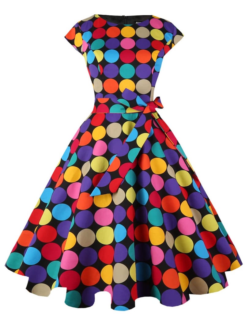 PUKAVT Women's 1950 Boatneck Cap Sleeve Vintage Swing Cocktail Party Dress with Pockets Black ColorfulDot XL - Image 1