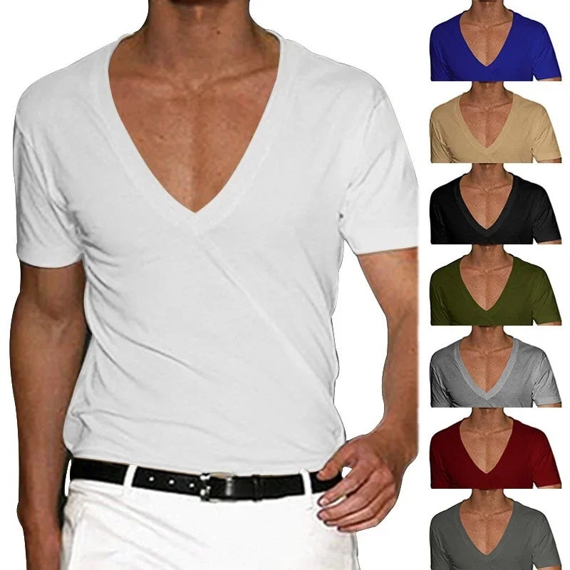 2025 and Men''s Short-Sleeved V Neck T-Shirt Men''s Slim Pure Color Casual T-Shirt Short-Sleeved Men - Image 3