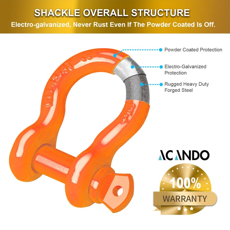Acando Store Pack of 2 Orange Powder Coated Heaveduty Trailer Shackles 3/4 Bow Shackle Rugged Steel Forged 4.74 Ton D Ring Anchor 28.5 Ton (57,000 lbs) Max Break Strength Off Road Shackles - Image 3