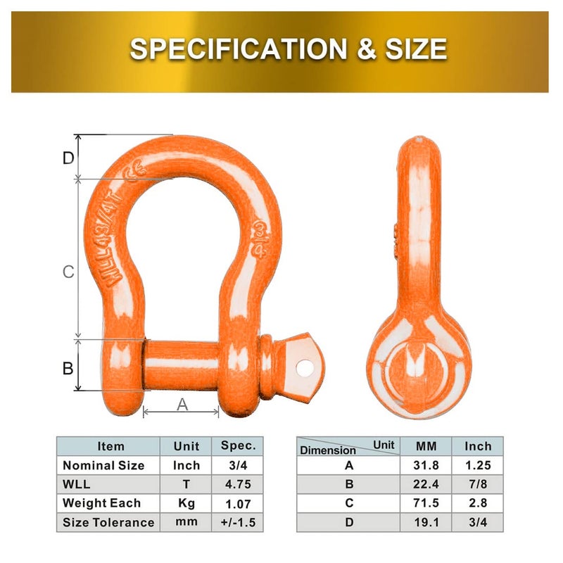 Acando Store Pack of 2 Orange Powder Coated Heaveduty Trailer Shackles 3/4 Bow Shackle Rugged Steel Forged 4.74 Ton D Ring Anchor 28.5 Ton (57,000 lbs) Max Break Strength Off Road Shackles - Image 5