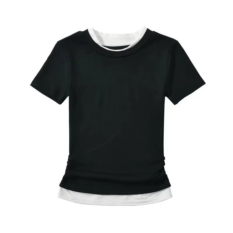 College style fresh sweet western style age-reducing fake two-piece T-shirt temperament contrast color design short inner wear for women - Image 1
