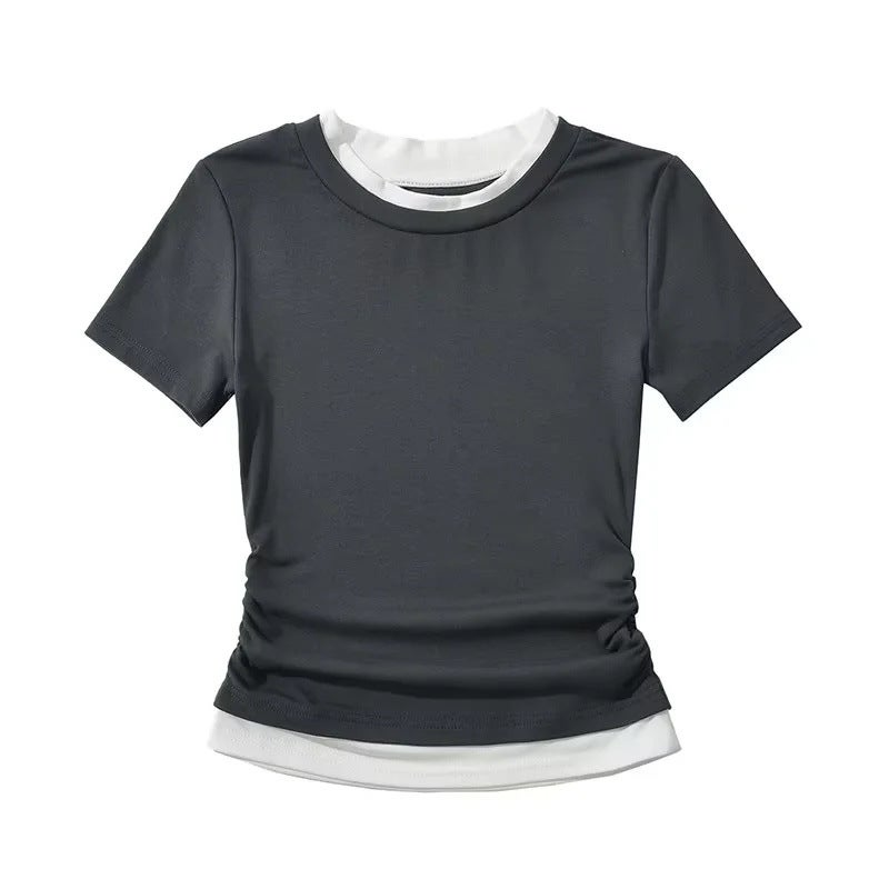College style fresh sweet western style age-reducing fake two-piece T-shirt temperament contrast color design short inner wear for women - Image 3