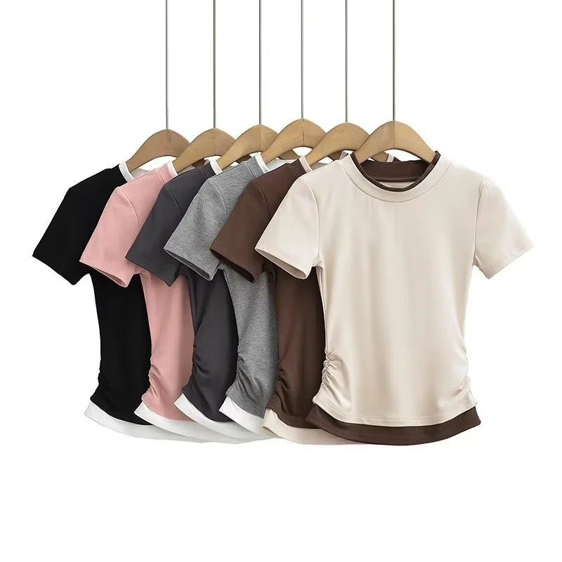 College style fresh sweet western style age-reducing fake two-piece T-shirt temperament contrast color design short inner wear for women - Image 2