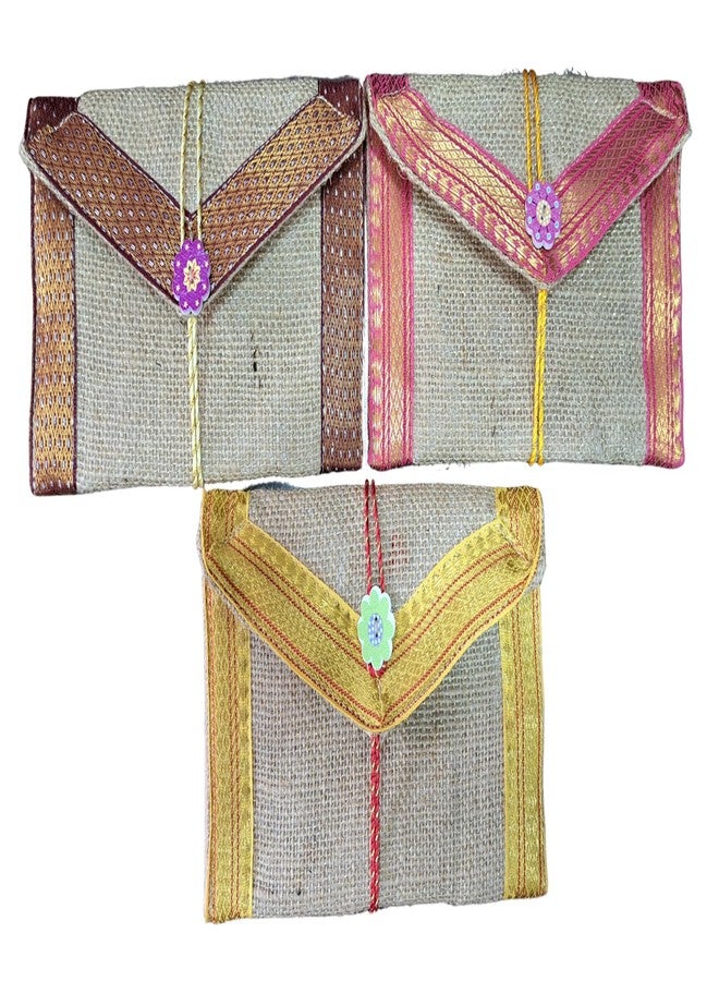 Fabjute مغلف هدايا من الجوت مصنوع يدويًا من فابجوت (4x7، بيج مع حافة متعددة الألوان، مجموعة من 3) - Image 5