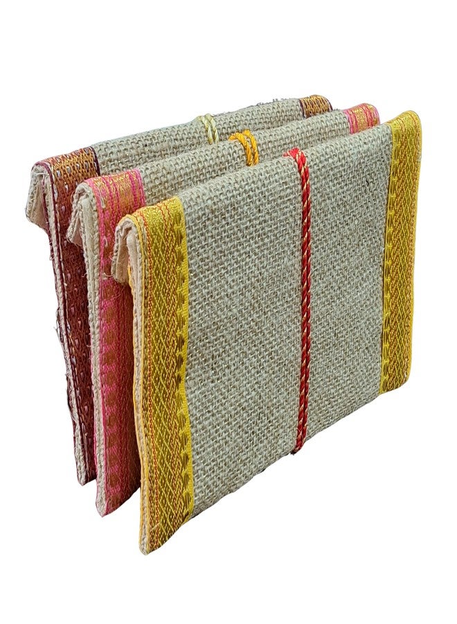 Fabjute مغلف هدايا من الجوت مصنوع يدويًا من فابجوت (4x7، بيج مع حافة متعددة الألوان، مجموعة من 3) - Image 3