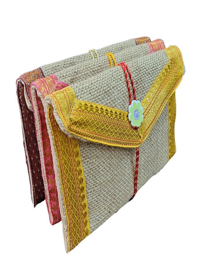 Fabjute مغلف هدايا من الجوت مصنوع يدويًا من فابجوت (4x7، بيج مع حافة متعددة الألوان، مجموعة من 3) - Image 1