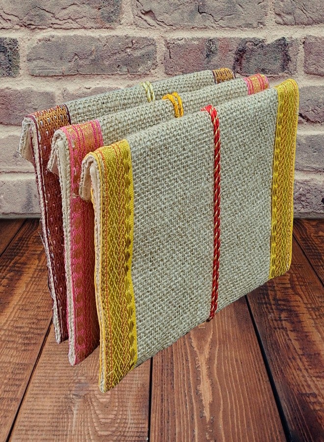 Fabjute مغلف هدايا من الجوت مصنوع يدويًا من فابجوت (4x7، بيج مع حافة متعددة الألوان، مجموعة من 3) - Image 2
