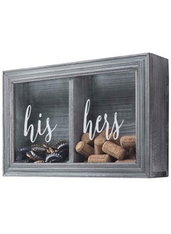 MyGift Wall Mounted Vintage Gray Wood Shadow Box Wine Cork And Beer Cap Holder With His And Hers Word Design On Premium Clear Acrylic Panels  - Image 1