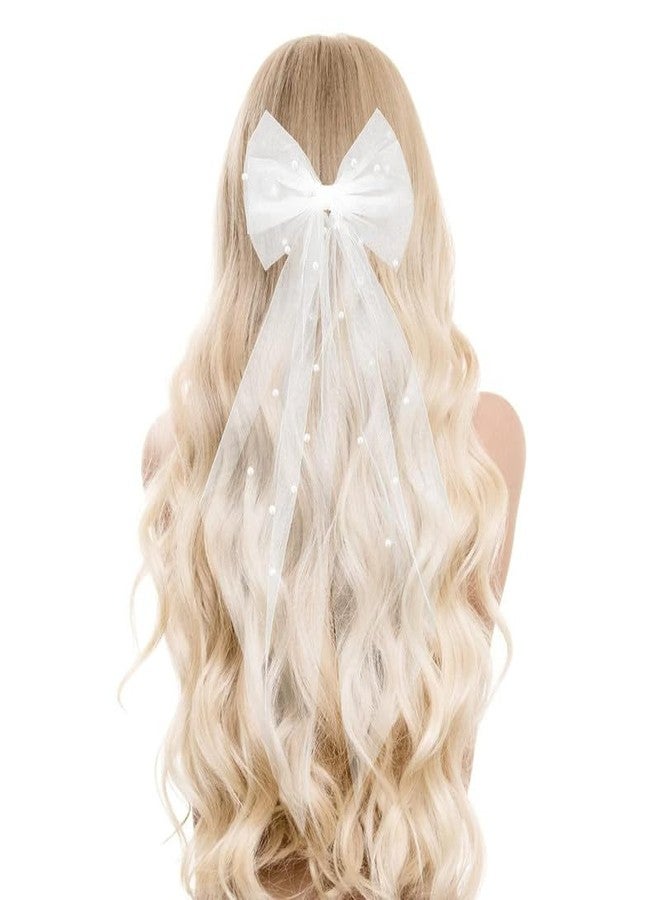 RECTYO GALLERY 1 Pcs Luxury Bridal Pearl Hair Bow Veil Bridesmaid Large Hair Bow Wedding Veil with Barrette Bachelorette Party Decorations Bridal Bridesmaid Gift (White) - Image 1