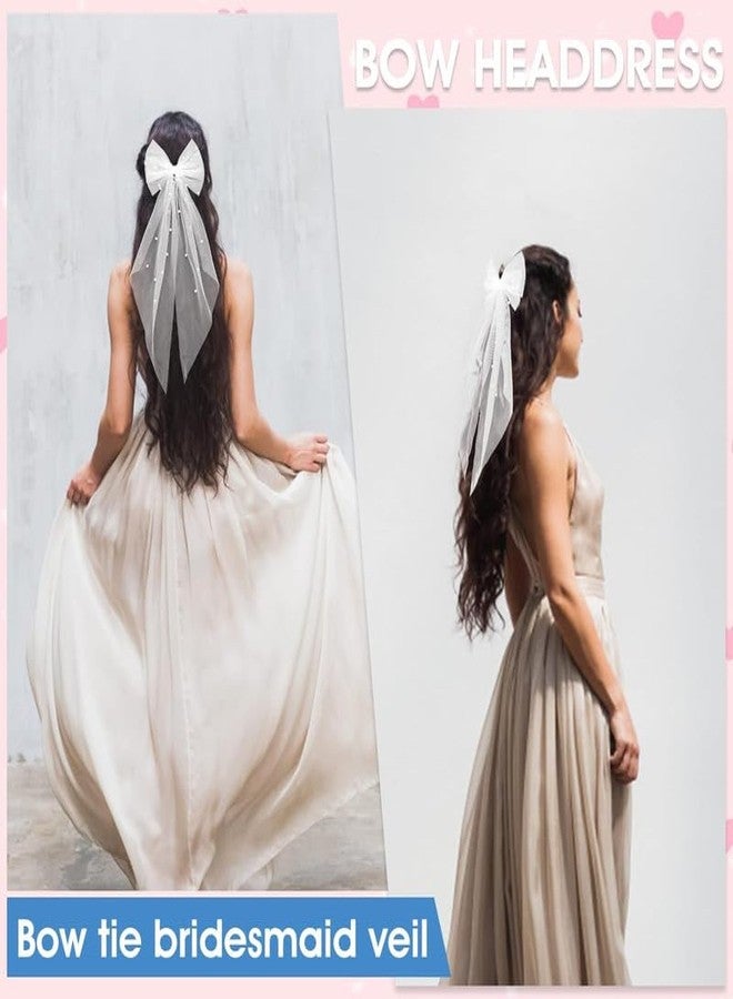 RECTYO GALLERY 1 Pcs Luxury Bridal Pearl Hair Bow Veil Bridesmaid Large Hair Bow Wedding Veil with Barrette Bachelorette Party Decorations Bridal Bridesmaid Gift (White) - Image 5
