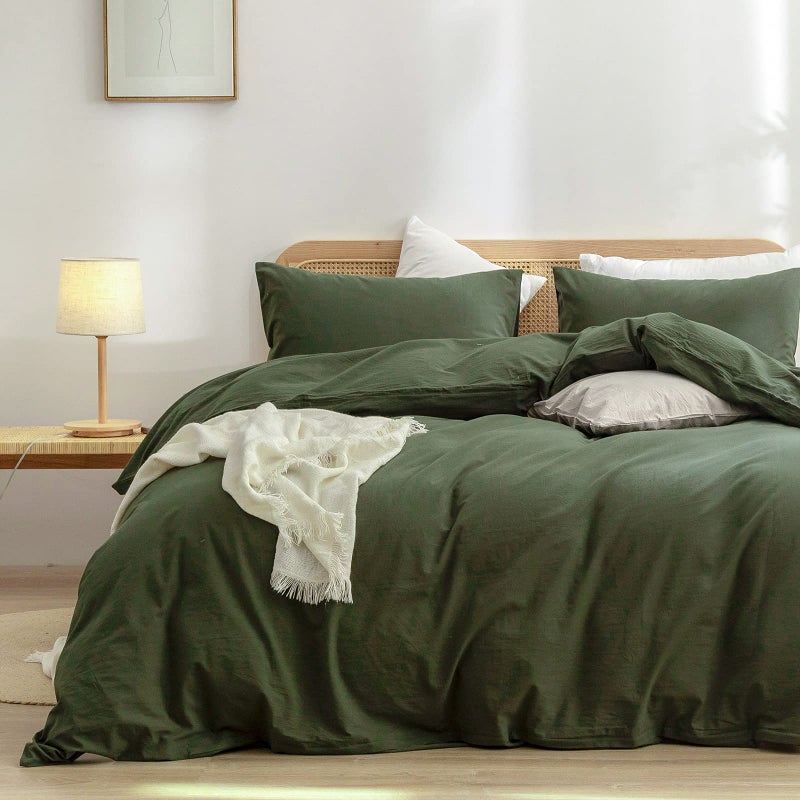BESTOUCH Duvet Cover Set 100 Washed Cotton Linen Feel Super Soft Comfortable Chic Lightweight 3 PCs Home Bedding Set Olive Green Queen