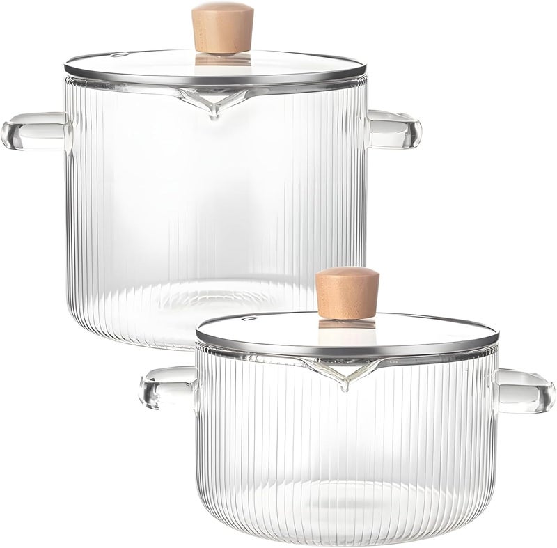 2-Piece Clear Glass Saucepan Set, Borosilicate Heat-Resistant Pots with Wooden Lids, Microwave & Stovetop Safe, Dishwasher-Friendly - Image 1