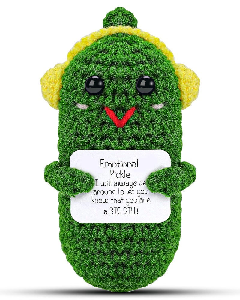 Hoedia Emotional Support Pickle With Yellow Headphone: Cucumber Crochet Dolls Friend Birthday Gifts For Women Men Coworkers Student - Cheer Up Cute Funny Knitted Stuff Positive Potato Desk Decors - Image 1