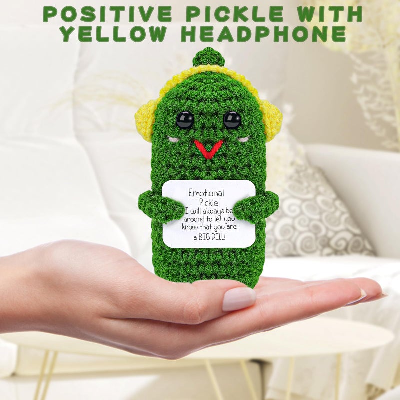 Hoedia Emotional Support Pickle With Yellow Headphone: Cucumber Crochet Dolls Friend Birthday Gifts For Women Men Coworkers Student - Cheer Up Cute Funny Knitted Stuff Positive Potato Desk Decors - Image 5