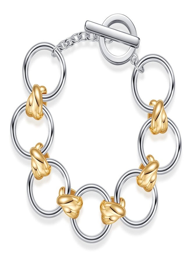 WOWORAMA Two Tone Circle Link Bracelet for Women Men Silver Gold Round Circle Chain Bracelets Chunky O Link Bracelet OT Toggle Chunky Chain Bracelets - Image 1