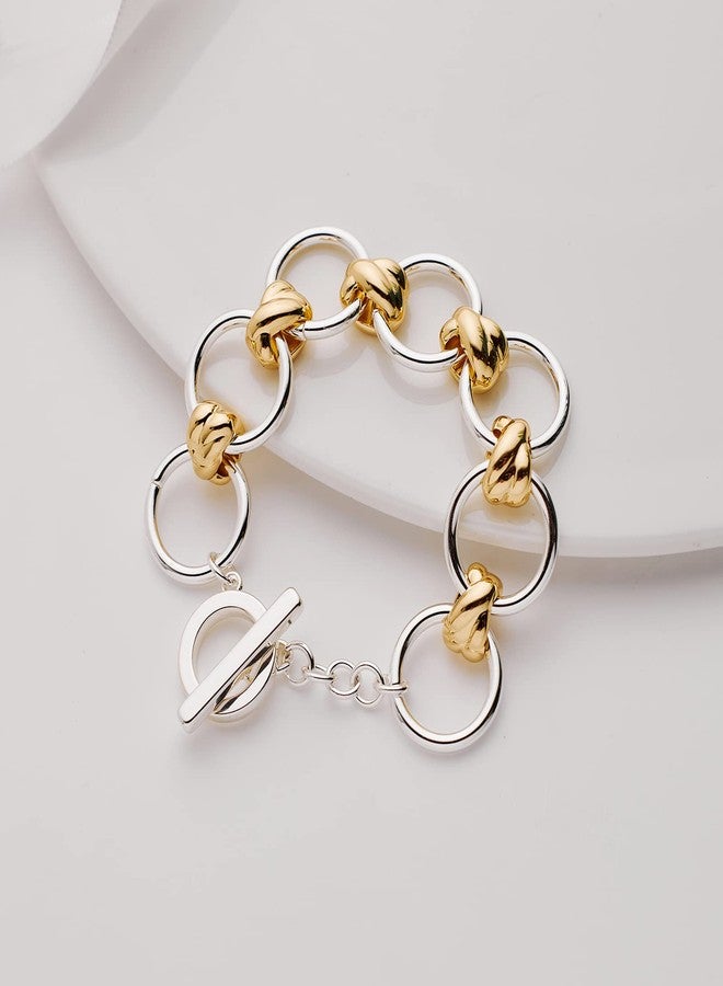 WOWORAMA Two Tone Circle Link Bracelet for Women Men Silver Gold Round Circle Chain Bracelets Chunky O Link Bracelet OT Toggle Chunky Chain Bracelets - Image 4