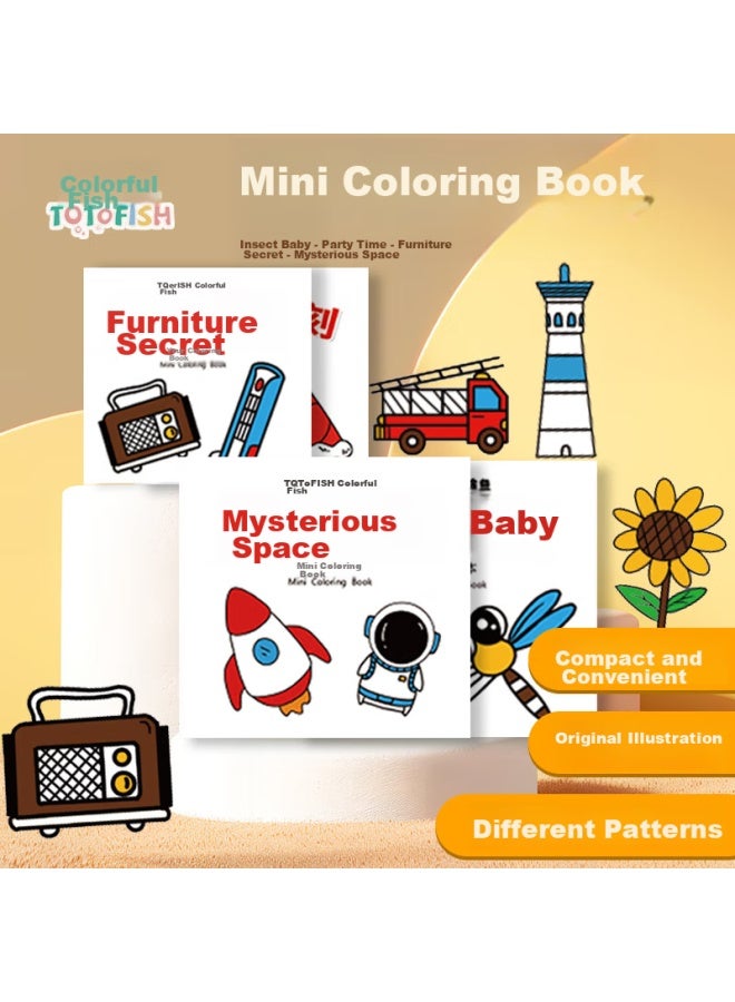 Painted Fish Mini Coloring Books With 8 Themes, Portable Children's Doodle And Drawing Books, Watercolor Pen Drawing And Coloring Books, Sticky Notes, Mini Coloring Books 4-book Set： Insect Babies X1, Party Time X1, Furniture Secrets X1, Mysterious Space X1 - Image 1
