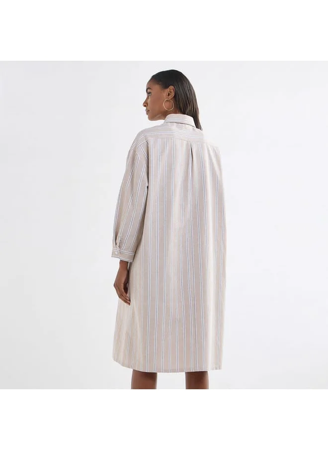 Splash FAV Striped Button Down Shirt Dress with Long Sleeves