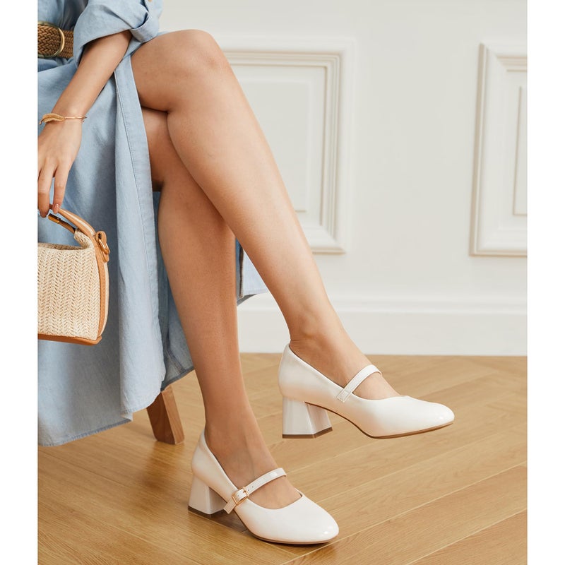 Trary Mary Jane Shoes Women, Chunky Mary Janes Heels for Women Shoes Dressy Casual, White Dress Shoes for Women Block Heels Closed Toe Mary Jane Pumps - Image 3