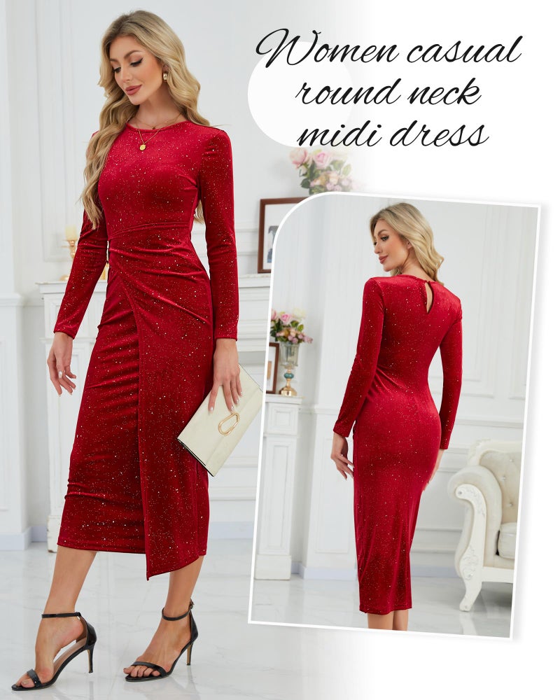 Cutecrop Women Long Sleeve Velvet Bodycon Dress Sequin Glitter Wrap Midi Dress Wedding Guest Cocktail Party Long Midi Dresses(Burgundy,Large) - Image 3