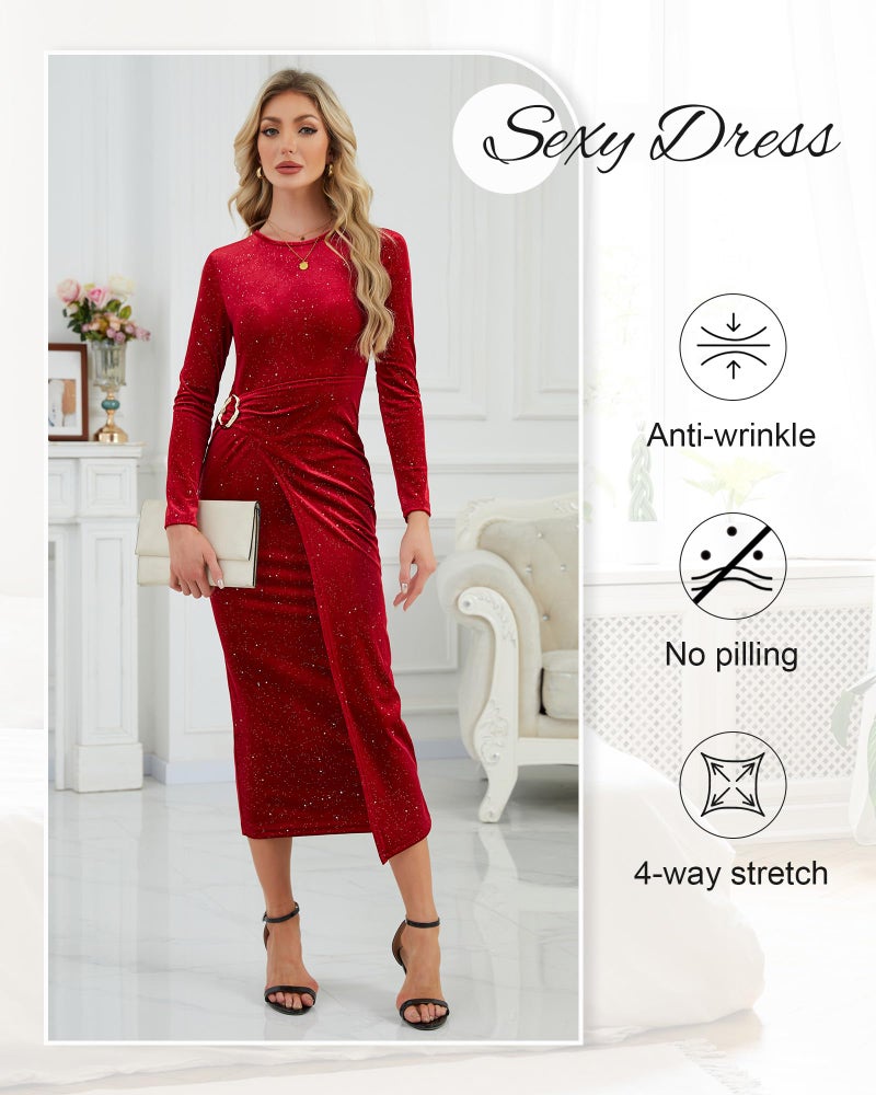 Cutecrop Women Long Sleeve Velvet Bodycon Dress Sequin Glitter Wrap Midi Dress Wedding Guest Cocktail Party Long Midi Dresses(Burgundy,Large) - Image 4