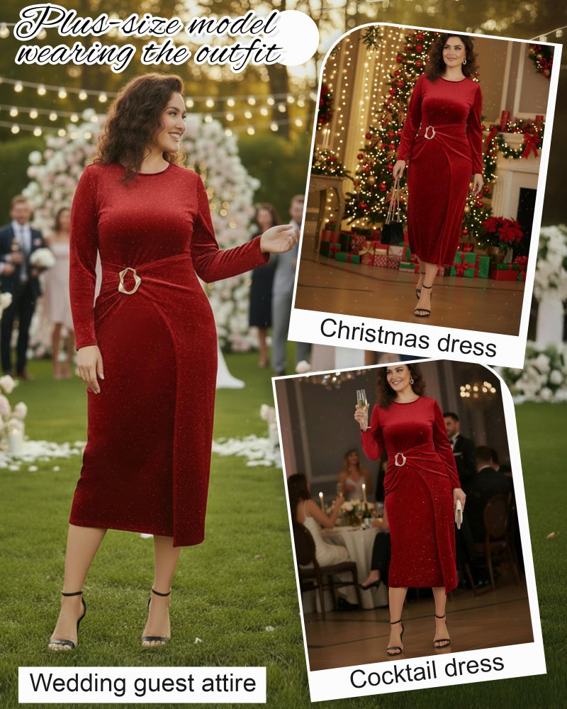 Cutecrop Women Long Sleeve Velvet Bodycon Dress Sequin Glitter Wrap Midi Dress Wedding Guest Cocktail Party Long Midi Dresses(Burgundy,Large) - Image 5