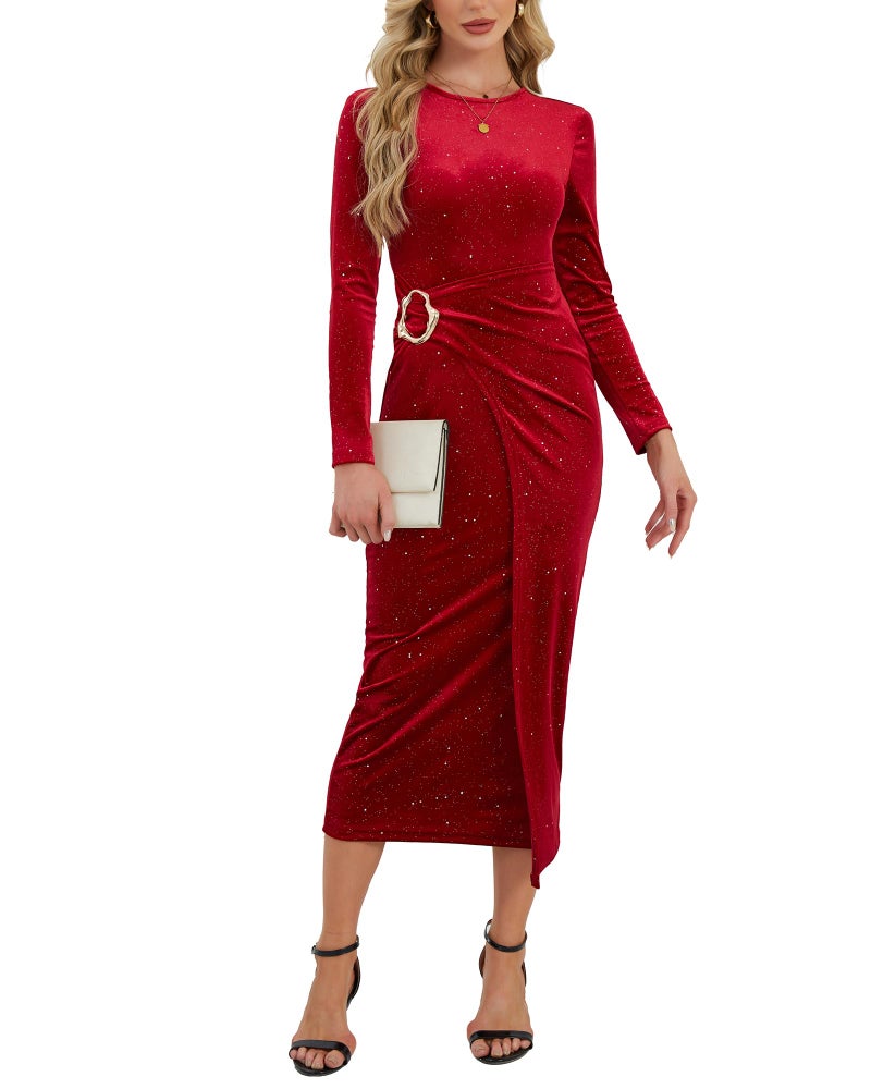 Cutecrop Women Long Sleeve Velvet Bodycon Dress Sequin Glitter Wrap Midi Dress Wedding Guest Cocktail Party Long Midi Dresses(Burgundy,Large) - Image 1