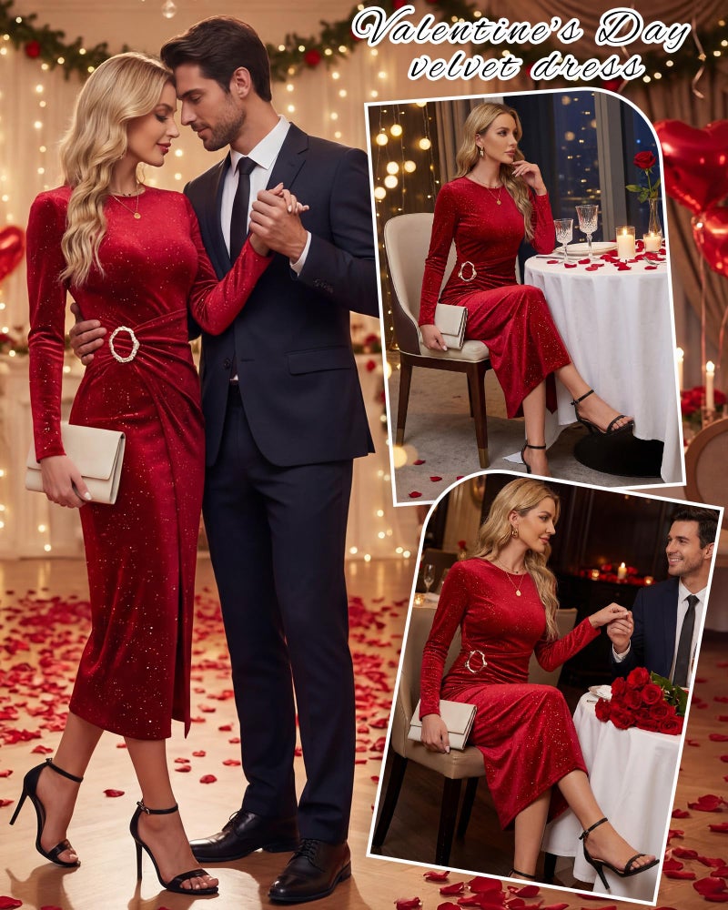 Cutecrop Women Long Sleeve Velvet Bodycon Dress Sequin Glitter Wrap Midi Dress Wedding Guest Cocktail Party Long Midi Dresses(Burgundy,Large) - Image 2