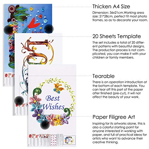 Rancco 20 Pcs Quilling Paper Stencils + 10 Pcs PVC Sheets, A4 Quilling Art Template Paper Filigree Pattern Origami Template, Wall Art Filigree - Image 5