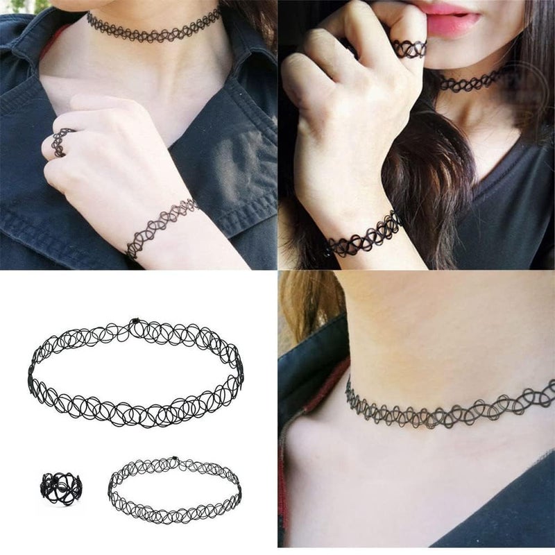 DreamAug 90s Tattoo Choker Necklace, Bracelet & Ring Set â€“ 9 Pieces Black Stretch Gothic Jewelry (3 Necklaces, 3 Bracelets, 3 Rings) â€“ Retro Grunge Aesthetic Accessories for Women - Image 3