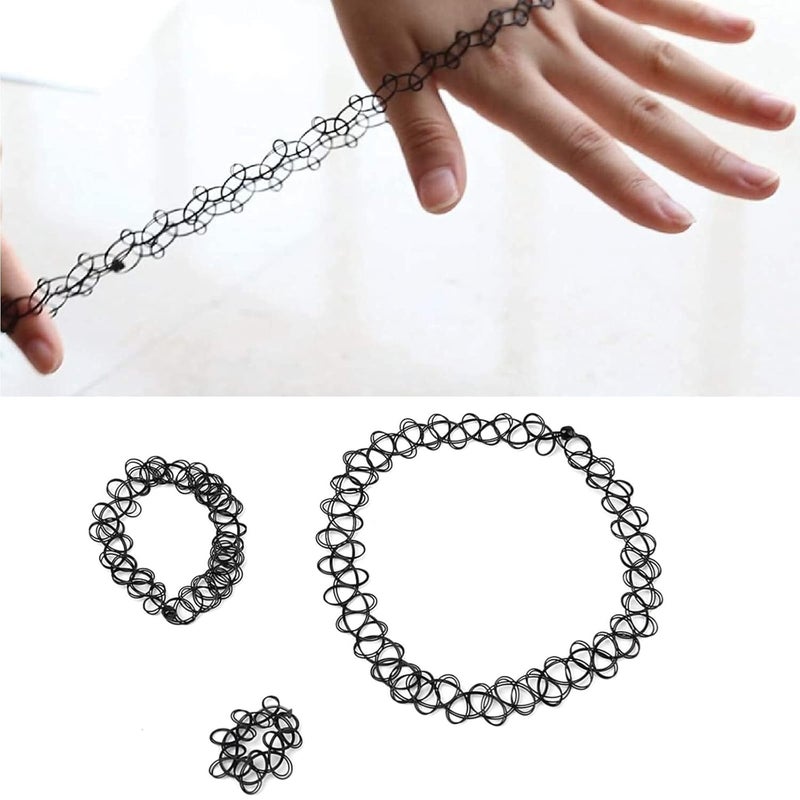 DreamAug 90s Tattoo Choker Necklace, Bracelet & Ring Set â€“ 9 Pieces Black Stretch Gothic Jewelry (3 Necklaces, 3 Bracelets, 3 Rings) â€“ Retro Grunge Aesthetic Accessories for Women - Image 1