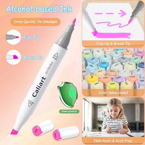 Caliart Pastel Markers, 61 Colors Dual Tip Art Markers Sketch Pens Permanent Alcohol Based, with Case for Adults Artists Drawing Illustration Sketching Coloring - Image 2