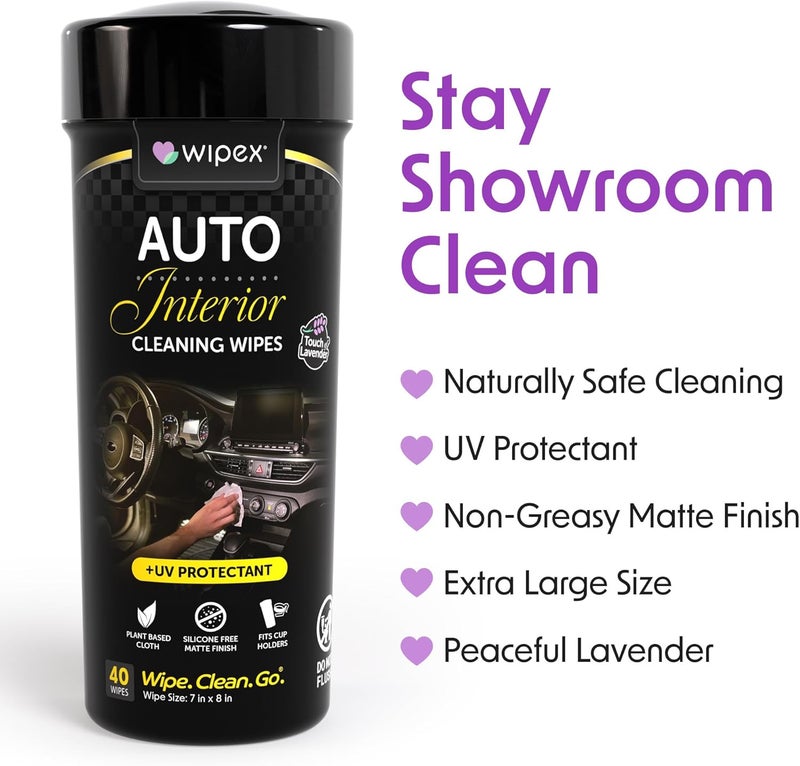 Wipex Auto Interior Car Cleaning Wipes - Plant Based Car Wipes - Lavender Essence, Safe for Vinyl, Rubber, Plastic, Leather, Chrome, Non-Greasy Matte Finish, UV Protectant, 40Ct Car Detailing Supplies - Image 3