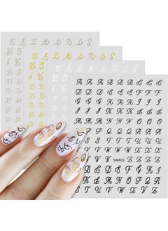 ANCIRS ANCIRS 4 Sheets Letters Nail Stickers, Old English Letter Nail Design Stickers for Nail Art, Self-Adhesive Small Retro Alphabet Letter Nail Supplies for Women Nail Decals (Gold Silver Black White) 